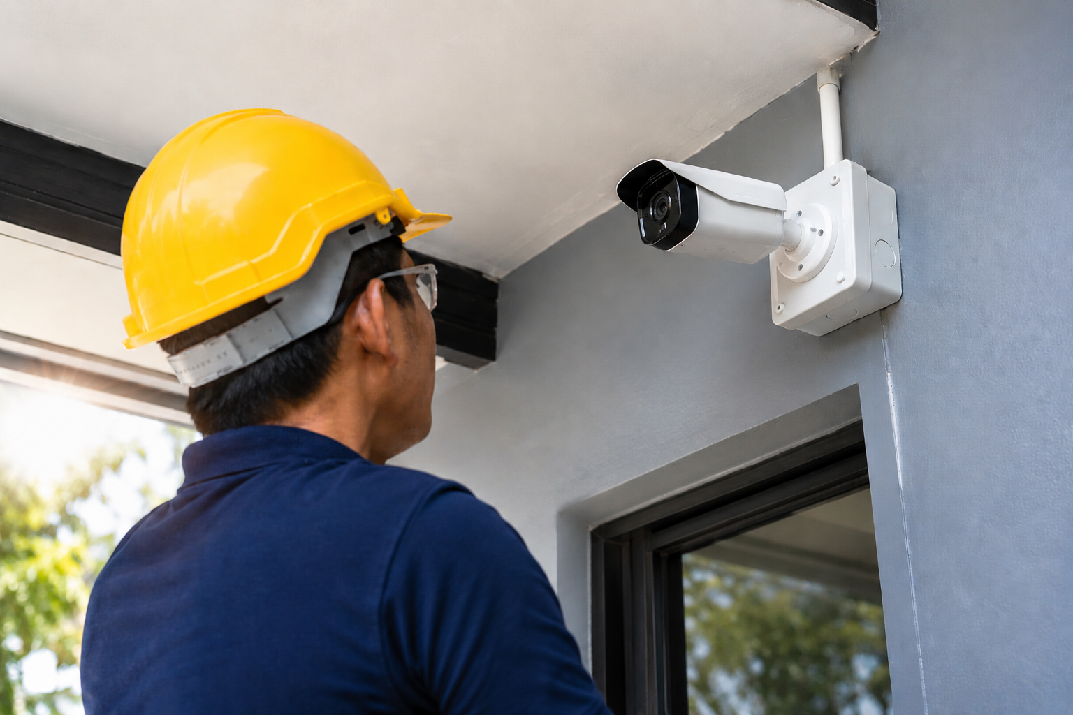 Técnico instalando cámara de seguridad